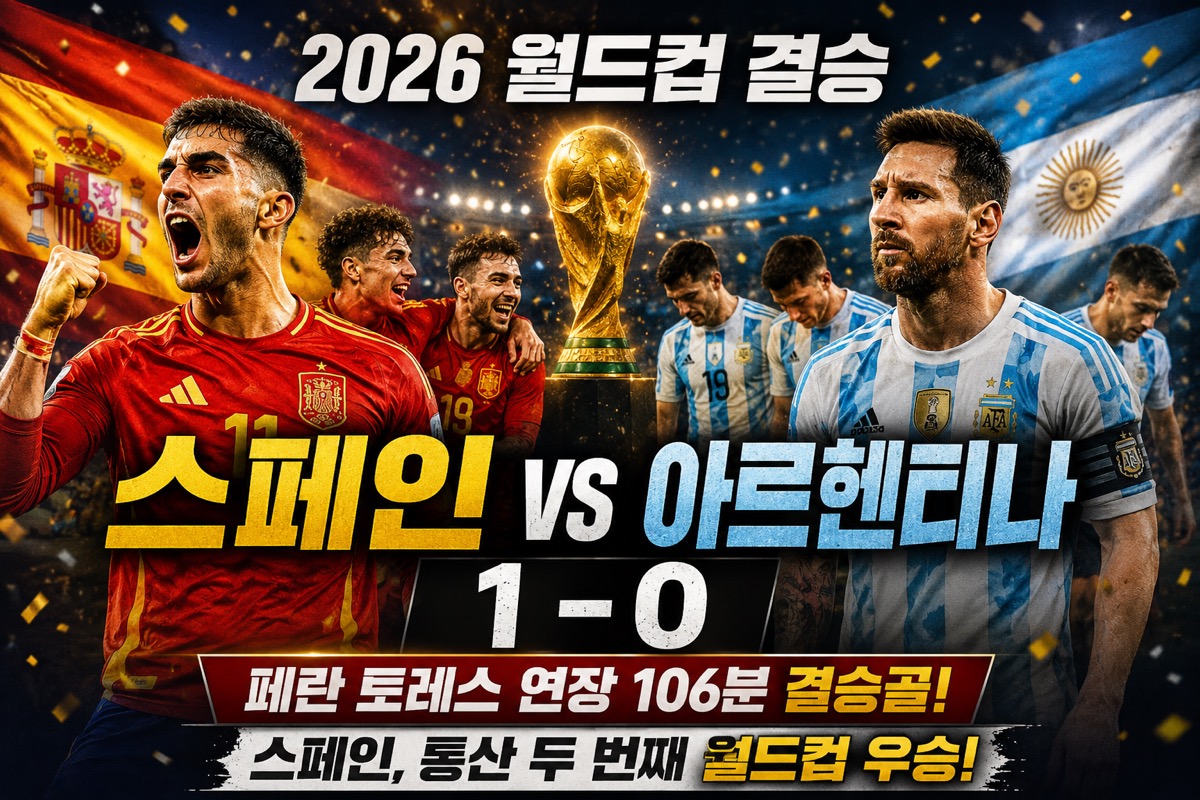 스페인과 아르헨티나 선수, 월드컵 트로피와 1대 0 결승 결과를 표현한 대표 이미지